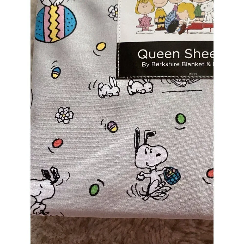 Peanuts Snoopy Easter Egg Bunny Floral QUEEN‎ Sz Sheet Set Soft Grey NEW